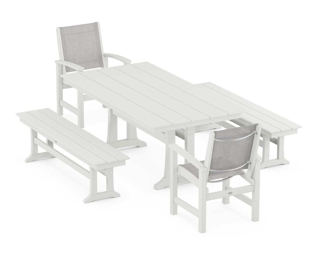 POLYWOOD® Coastal 5-Piece Farmhouse Dining Set with Trestle Legs and Benches