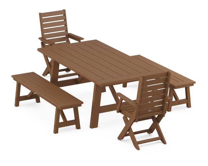 POLYWOOD® Captain Folding Chair 5-Piece Rustic Farmhouse Dining Set With Benches