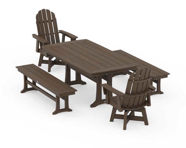 POLYWOOD® Vineyard Adirondack Swivel Chair 5-Piece Dining Set with Trestle Legs and Benches