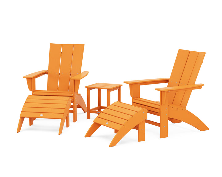 POLYWOOD® Modern Curveback Adirondack Chair 5-Piece Set with Ottomans and 18" Side Table
