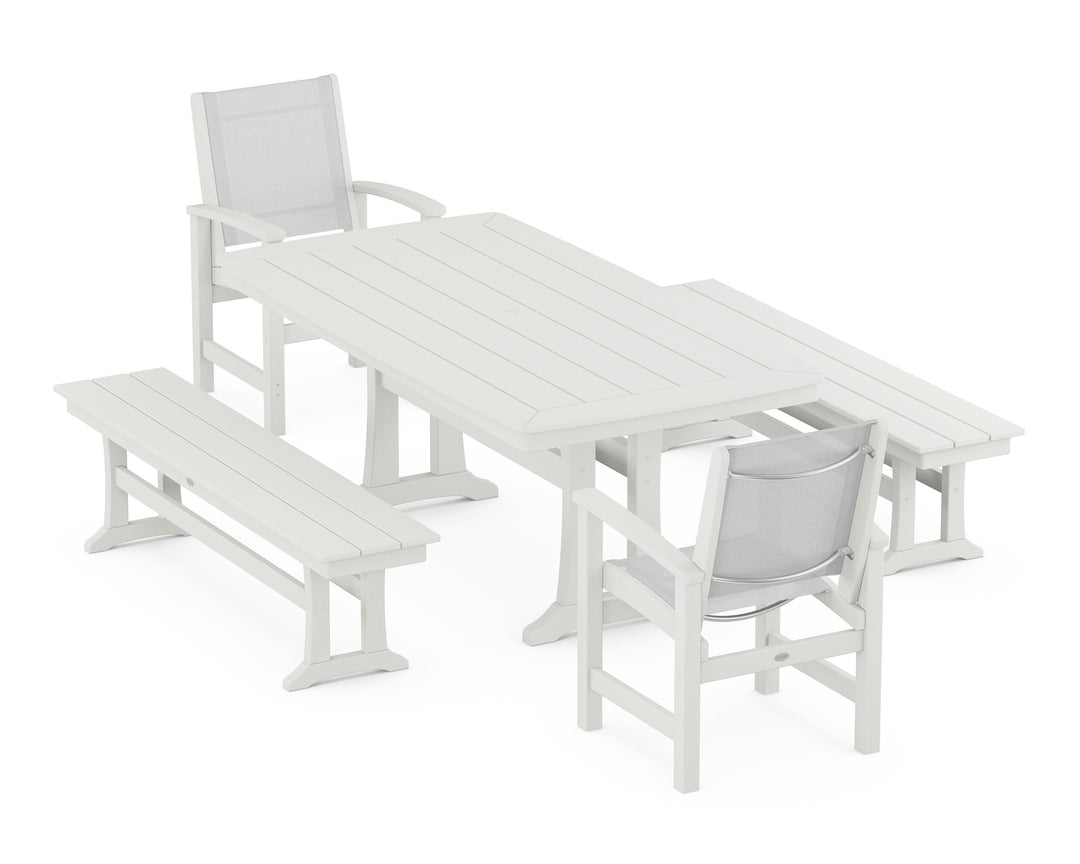 POLYWOOD® Coastal 5-Piece Dining Set with Trestle Legs and Benches