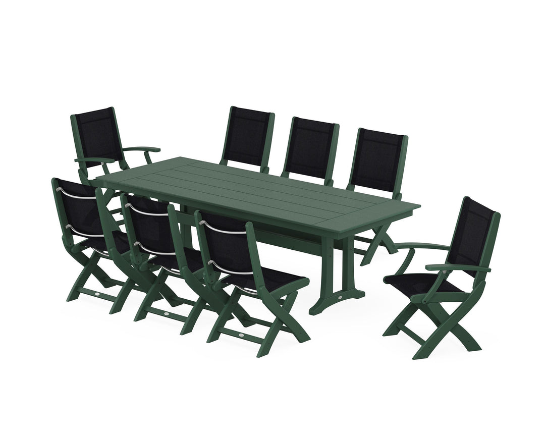 POLYWOOD® Coastal 9-Piece Folding Dining Chair Farmhouse Dining Set with Trestle Legs
