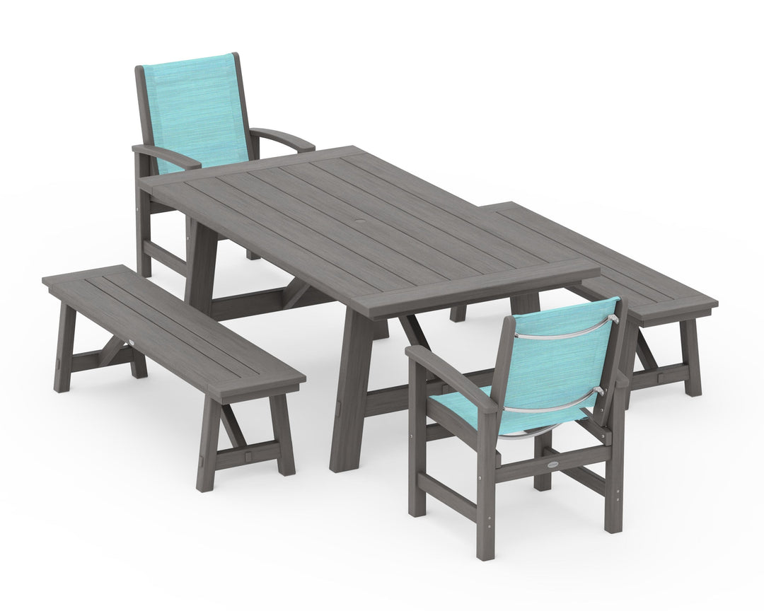POLYWOOD® Coastal 5-Piece Rustic Farmhouse Dining Set With Benches