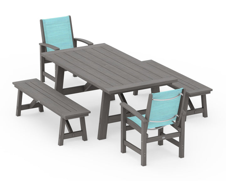 POLYWOOD® Coastal 5-Piece Rustic Farmhouse Dining Set With Benches