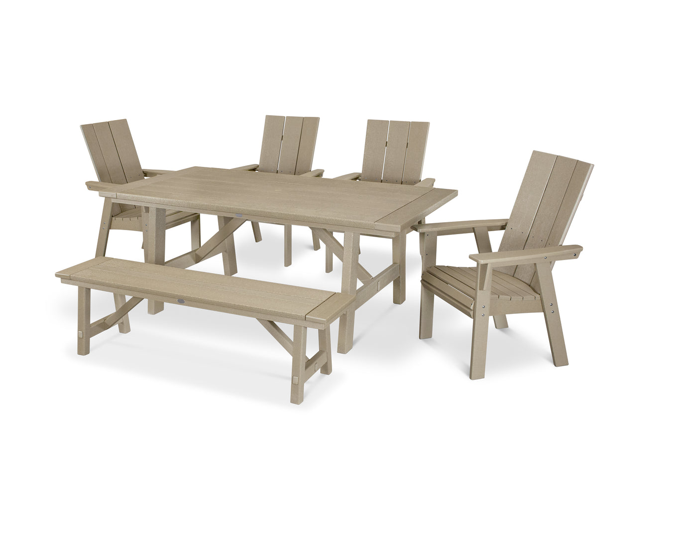 Modern Curveback Adirondack 6-Piece Rustic Farmhouse Dining Set with Bench