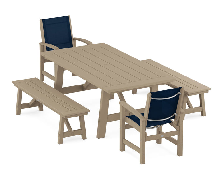 POLYWOOD® Coastal 5-Piece Rustic Farmhouse Dining Set With Benches