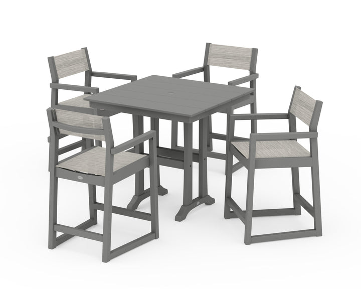 POLYWOOD® EDGE Sling Arm Chair 5-Piece Farmhouse Counter Set with Trestle Legs