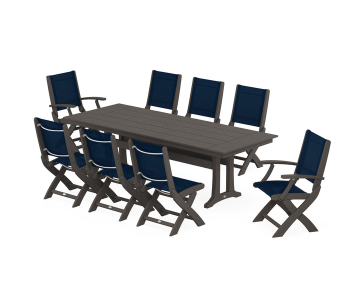 POLYWOOD® Coastal 9-Piece Folding Dining Chair Farmhouse Dining Set with Trestle Legs