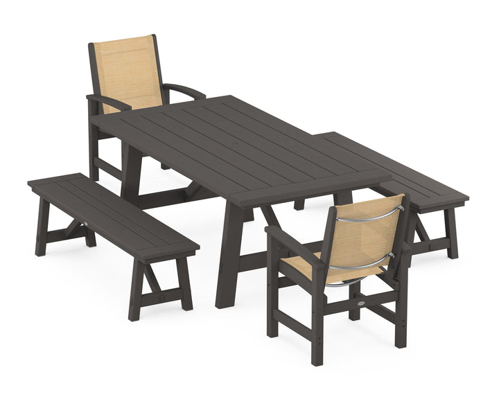POLYWOOD® Coastal 5-Piece Rustic Farmhouse Dining Set With Benches