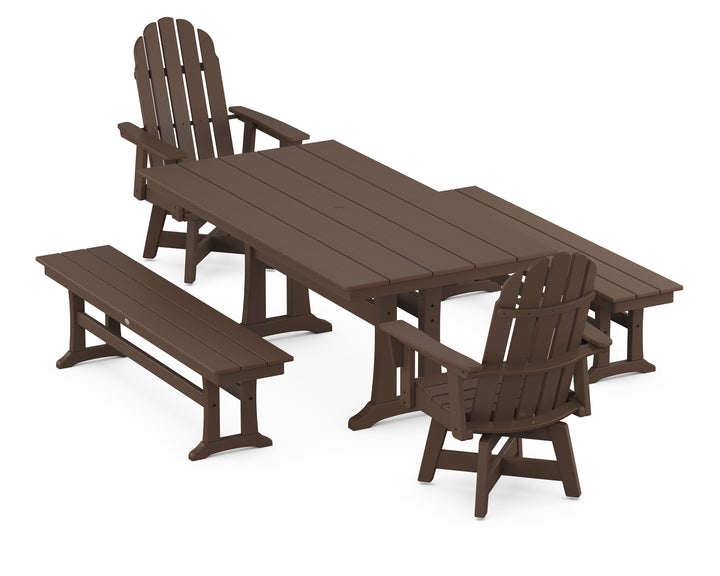 POLYWOOD® Vineyard Curveback Adirondack Swivel Chair 5-Piece Farmhouse Dining Set With Trestle Legs and Benches