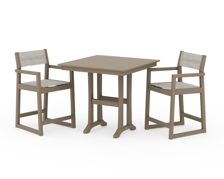 POLYWOOD® EDGE Sling Arm Chair 3-Piece Farmhouse Counter Set with Trestle Legs