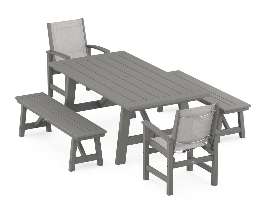 POLYWOOD® Coastal 5-Piece Rustic Farmhouse Dining Set With Benches