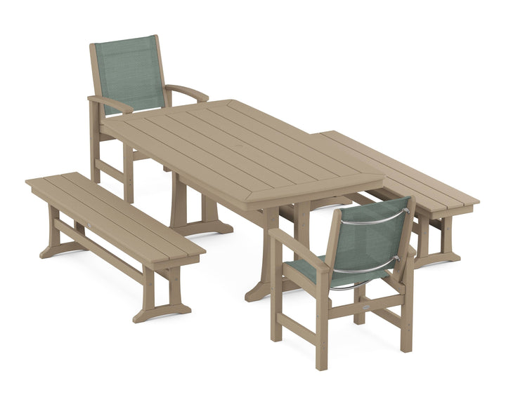 POLYWOOD® Coastal 5-Piece Dining Set with Trestle Legs and Benches