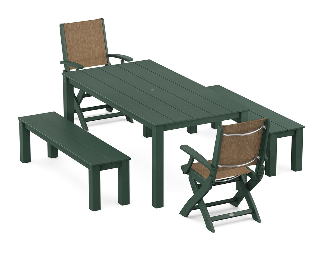 POLYWOOD® Coastal Folding Chair 5-Piece Parsons Dining Set with Benches