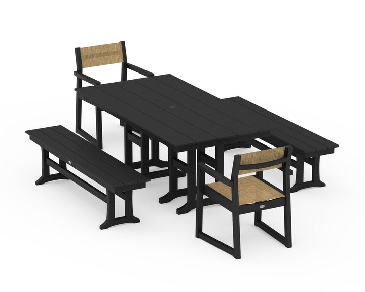 POLYWOOD® EDGE Sling Arm Chair 5-Piece Farmhouse Dining Set with Benches