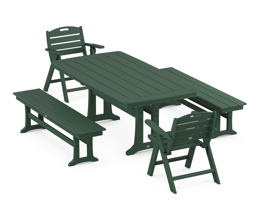 POLYWOOD® Nautical Folding Lowback Chair 5-Piece Dining Set with Trestle Legs and Benches
