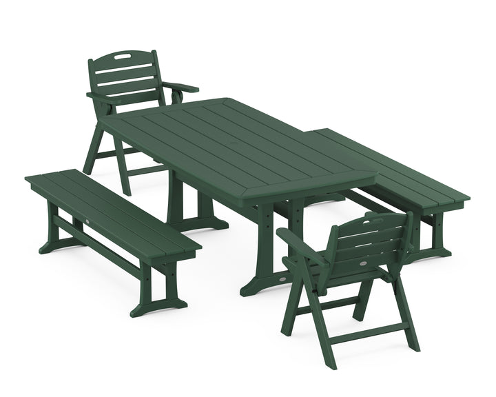 POLYWOOD® Nautical Folding Lowback Chair 5-Piece Dining Set with Trestle Legs and Benches