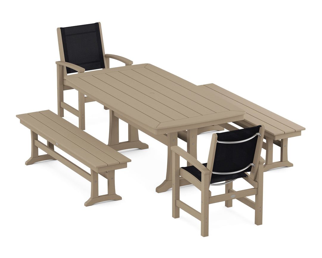 POLYWOOD® Coastal 5-Piece Dining Set with Trestle Legs and Benches