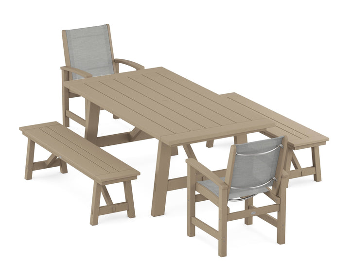 POLYWOOD® Coastal 5-Piece Rustic Farmhouse Dining Set With Benches