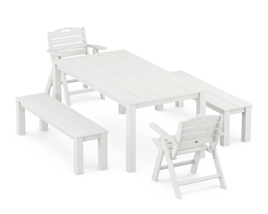 POLYWOOD® Nautical Folding Lowback Chair 5-Piece Parsons Dining Set with Benches