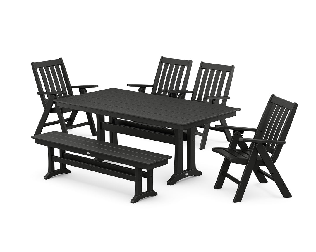 POLYWOOD® Vineyard 6-Piece Folding Chair Farmhouse Dining Set with Trestle Legs and Bench