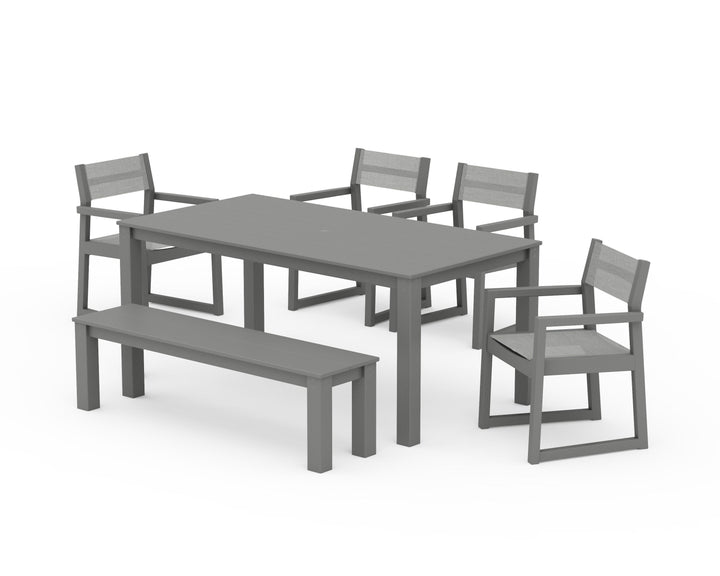 POLYWOOD® EDGE Sling Arm Chair 6-Piece Parsons Dining Set with Bench