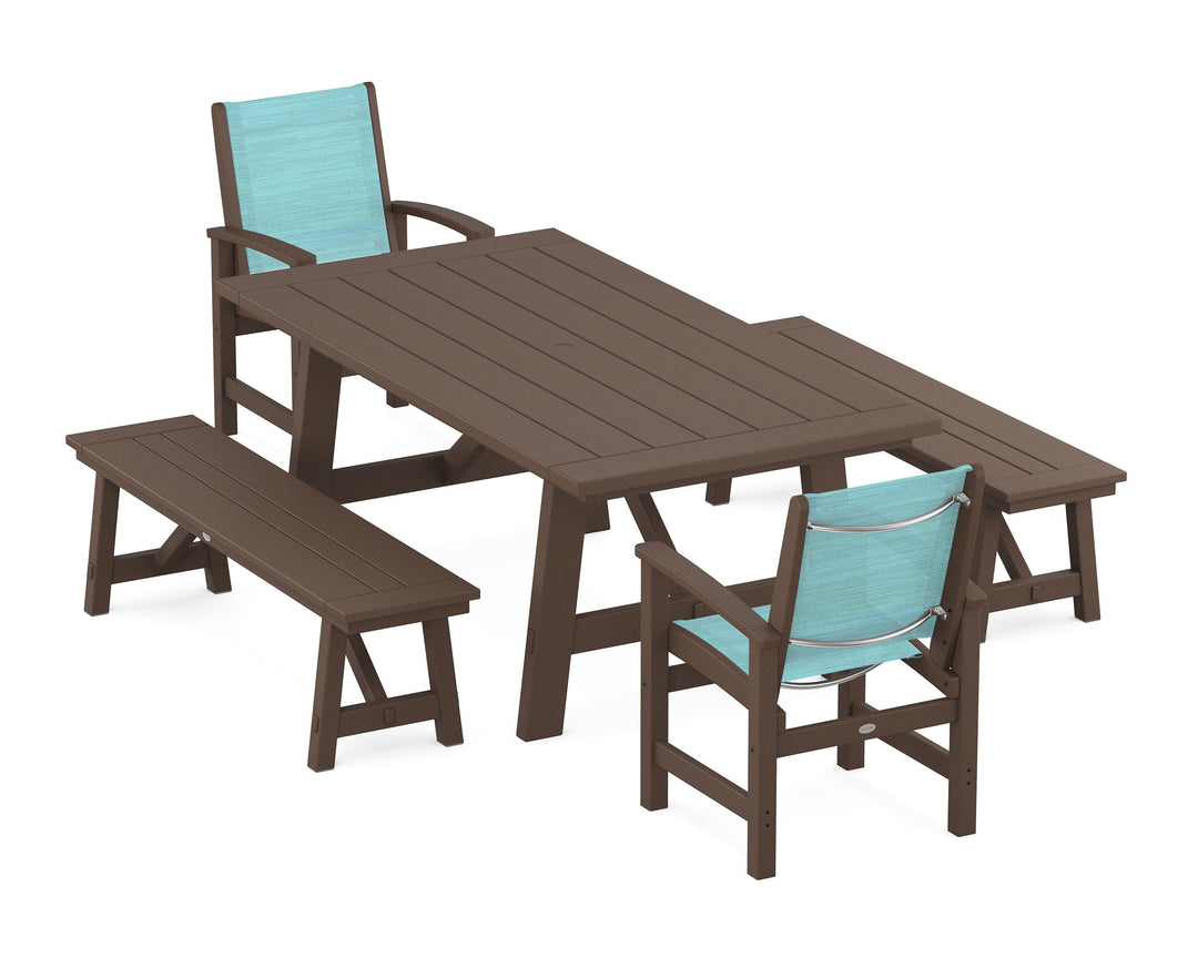 POLYWOOD® Coastal 5-Piece Rustic Farmhouse Dining Set With Benches