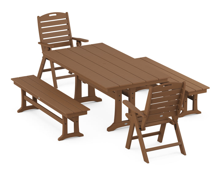 POLYWOOD® Nautical Folding Highback Chair 5-Piece Farmhouse Dining Set With Trestle Legs and Benches