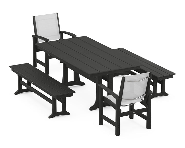 POLYWOOD® Coastal 5-Piece Farmhouse Dining Set with Trestle Legs and Benches