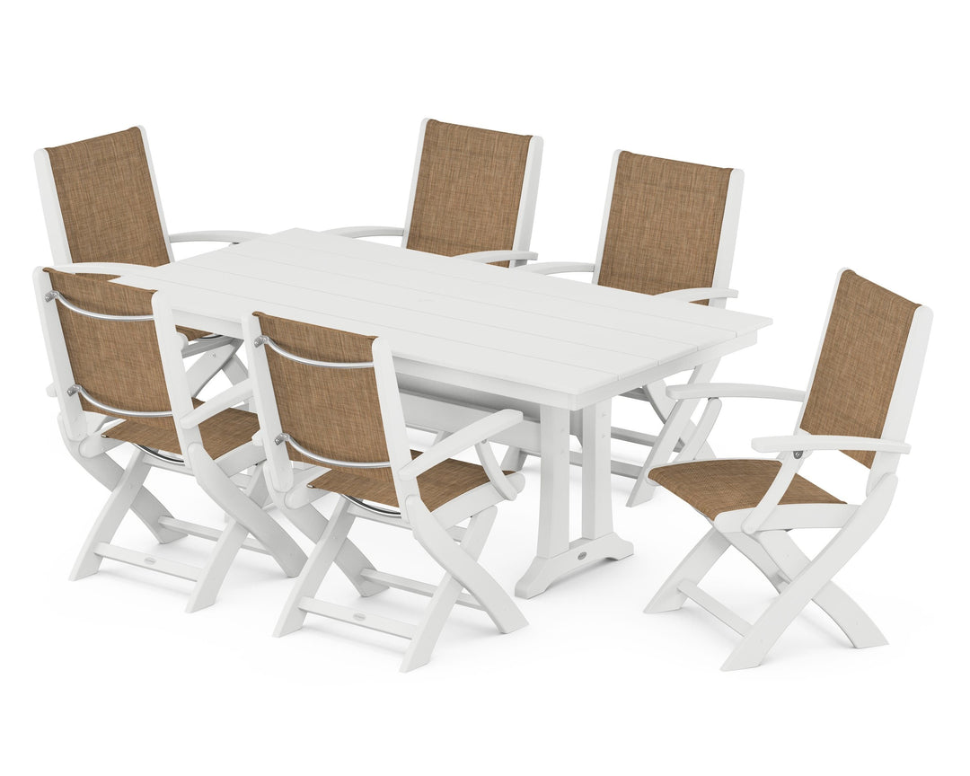 POLYWOOD® Coastal Folding Arm Chair 7-Piece Farmhouse Dining Set with Trestle Legs