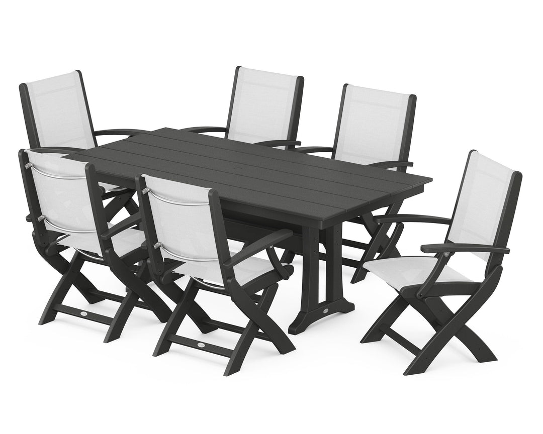 POLYWOOD® Coastal Folding Arm Chair 7-Piece Farmhouse Dining Set with Trestle Legs
