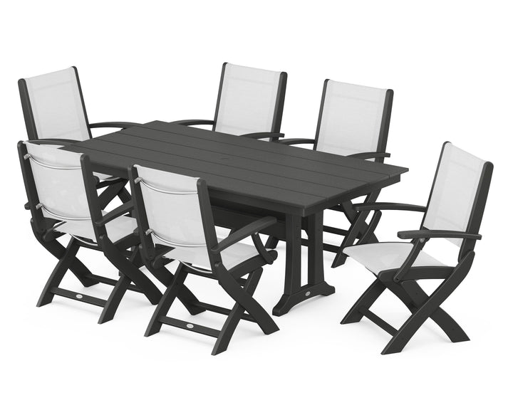 POLYWOOD® Coastal Folding Arm Chair 7-Piece Farmhouse Dining Set with Trestle Legs