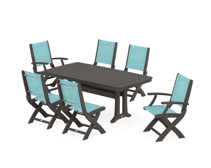 POLYWOOD® Coastal Folding Chair 7-Piece Dining Set with Trestle Legs