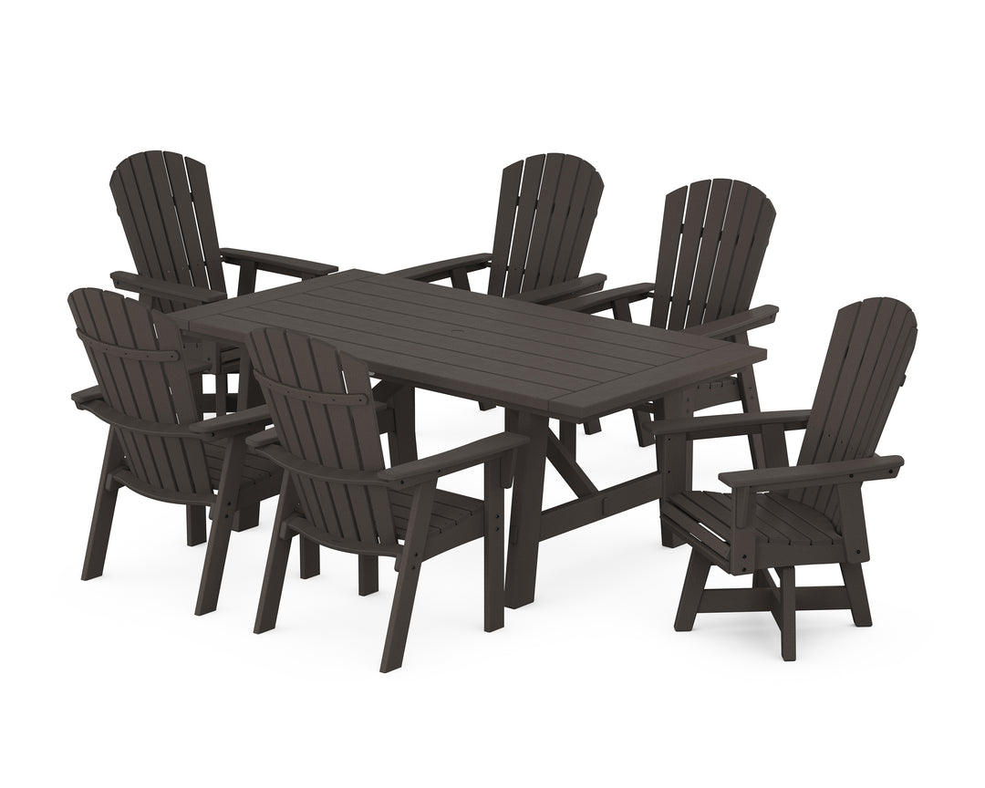 POLYWOOD® Nautical Curveback Adirondack Swivel Chair 7-Piece Rustic Farmhouse Dining Set