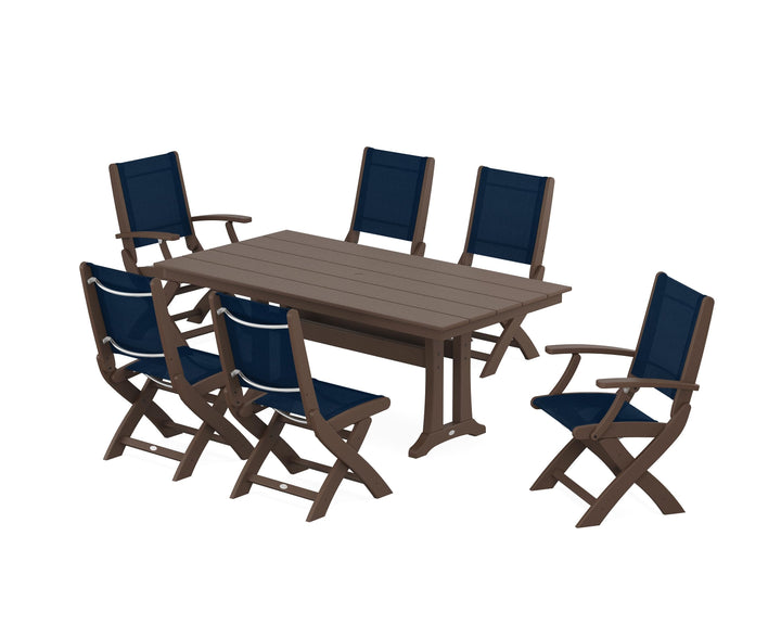 POLYWOOD® Coastal Folding Chair 7-Piece Farmhouse Dining Set with Trestle Legs