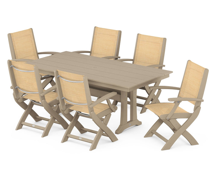 POLYWOOD® Coastal Folding Arm Chair 7-Piece Farmhouse Dining Set with Trestle Legs