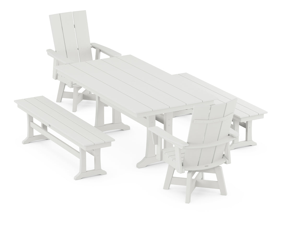 POLYWOOD® Modern Curveback Adirondack Swivel Chair 5-Piece Farmhouse Dining Set With Trestle Legs and Benches