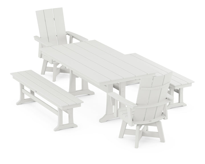 POLYWOOD® Modern Curveback Adirondack Swivel Chair 5-Piece Farmhouse Dining Set With Trestle Legs and Benches
