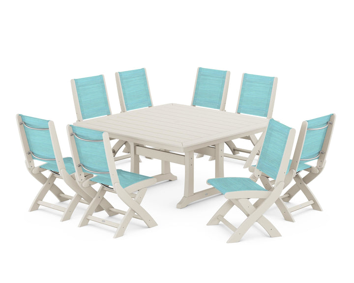 POLYWOOD® Coastal Folding Side Chair 9-Piece Dining Set with Trestle Legs