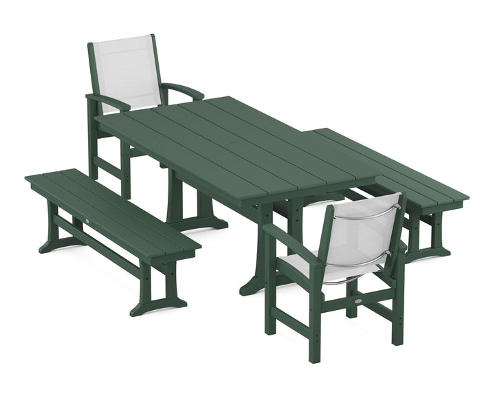POLYWOOD® Coastal 5-Piece Farmhouse Dining Set with Trestle Legs and Benches