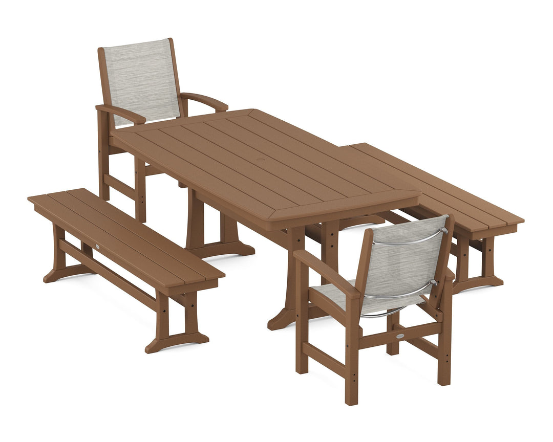 POLYWOOD® Coastal 5-Piece Dining Set with Trestle Legs and Benches