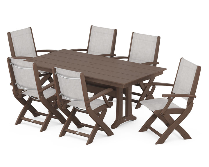 POLYWOOD® Coastal Folding Arm Chair 7-Piece Farmhouse Dining Set with Trestle Legs
