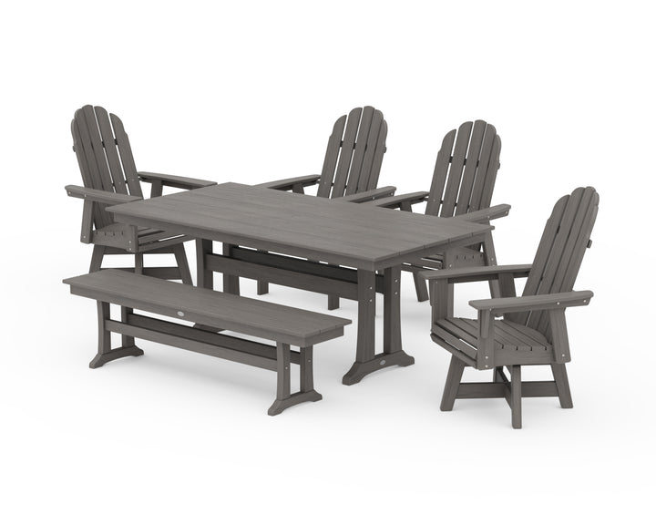 POLYWOOD® Vineyard Curveback Adirondack 6-Piece Swivel Chair Farmhouse Dining Set with Trestle Legs and Bench