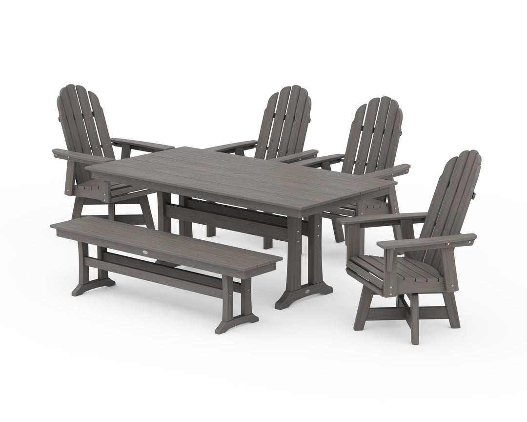 POLYWOOD® Vineyard Curveback Adirondack 6-Piece Swivel Chair Farmhouse Dining Set with Trestle Legs and Bench