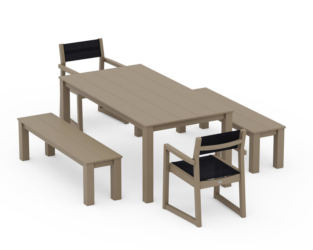 POLYWOOD® EDGE Sling Arm Chair 5-Piece Parsons Dining Set with Benches