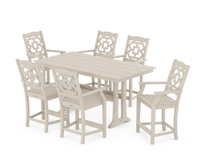 Martha Stewart by POLYWOOD® Chinoiserie Arm Chair 7-Piece Farmhouse Counter Set with Trestle Legs
