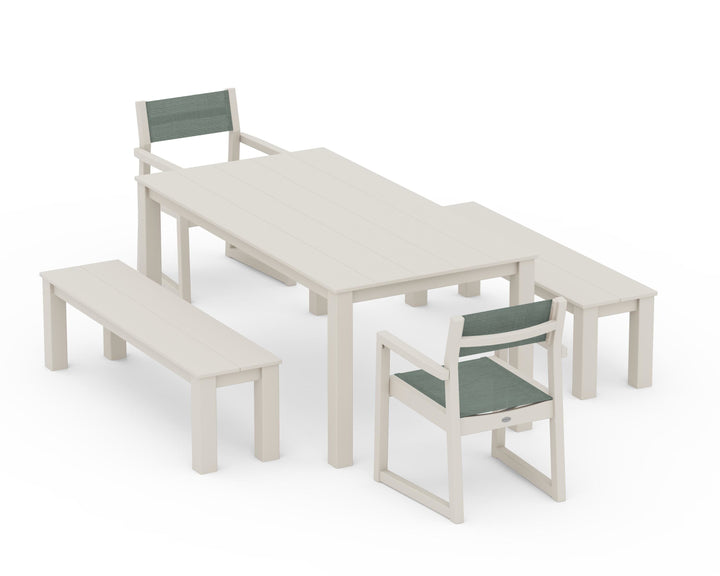 POLYWOOD® EDGE Sling Arm Chair 5-Piece Parsons Dining Set with Benches