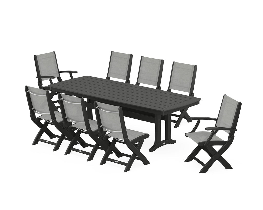 POLYWOOD® Coastal Folding 9-Piece Dining Set with Trestle Legs