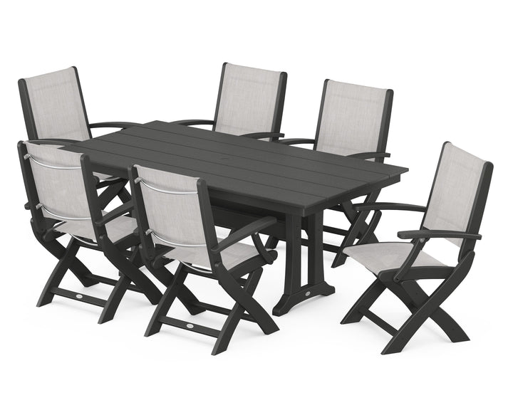 POLYWOOD® Coastal Folding Arm Chair 7-Piece Farmhouse Dining Set with Trestle Legs