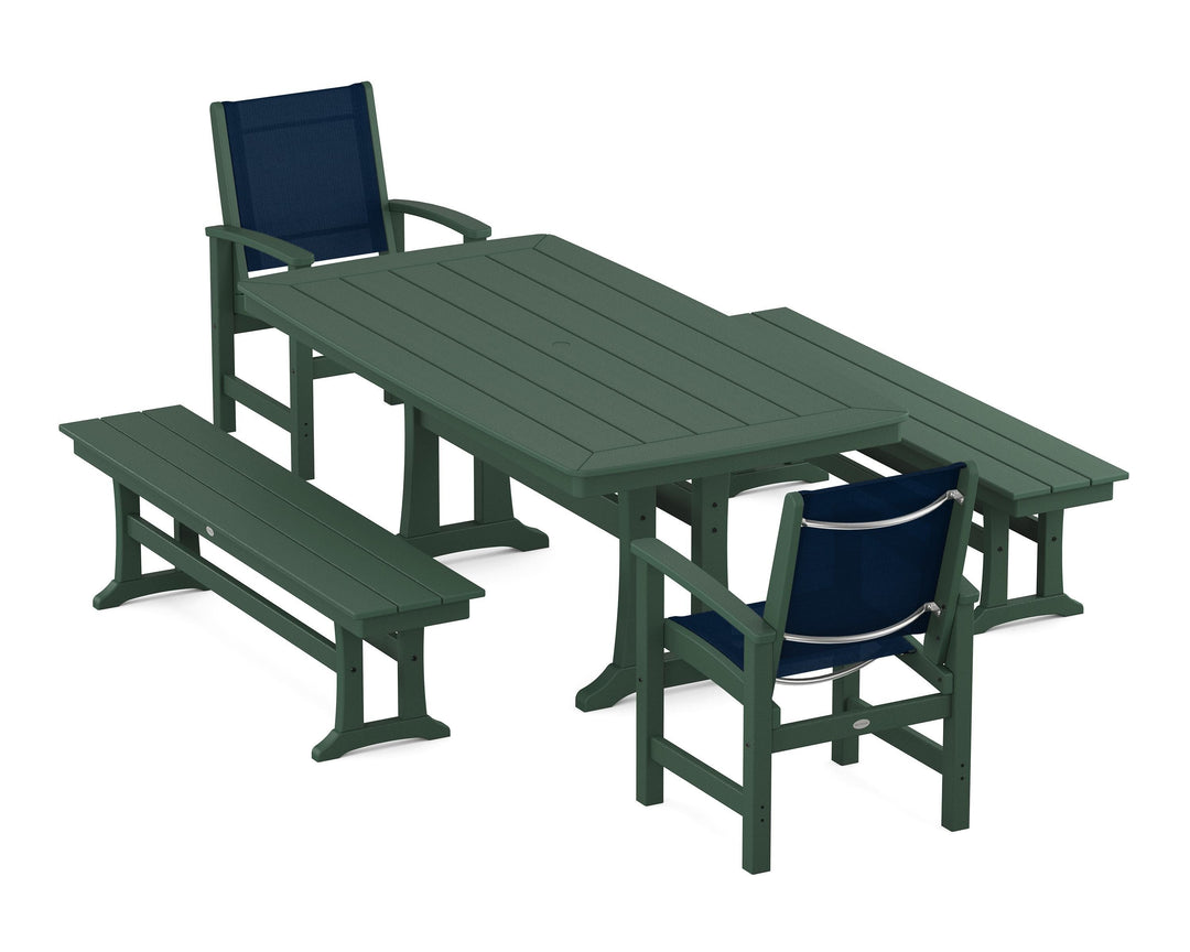 POLYWOOD® Coastal 5-Piece Dining Set with Trestle Legs and Benches